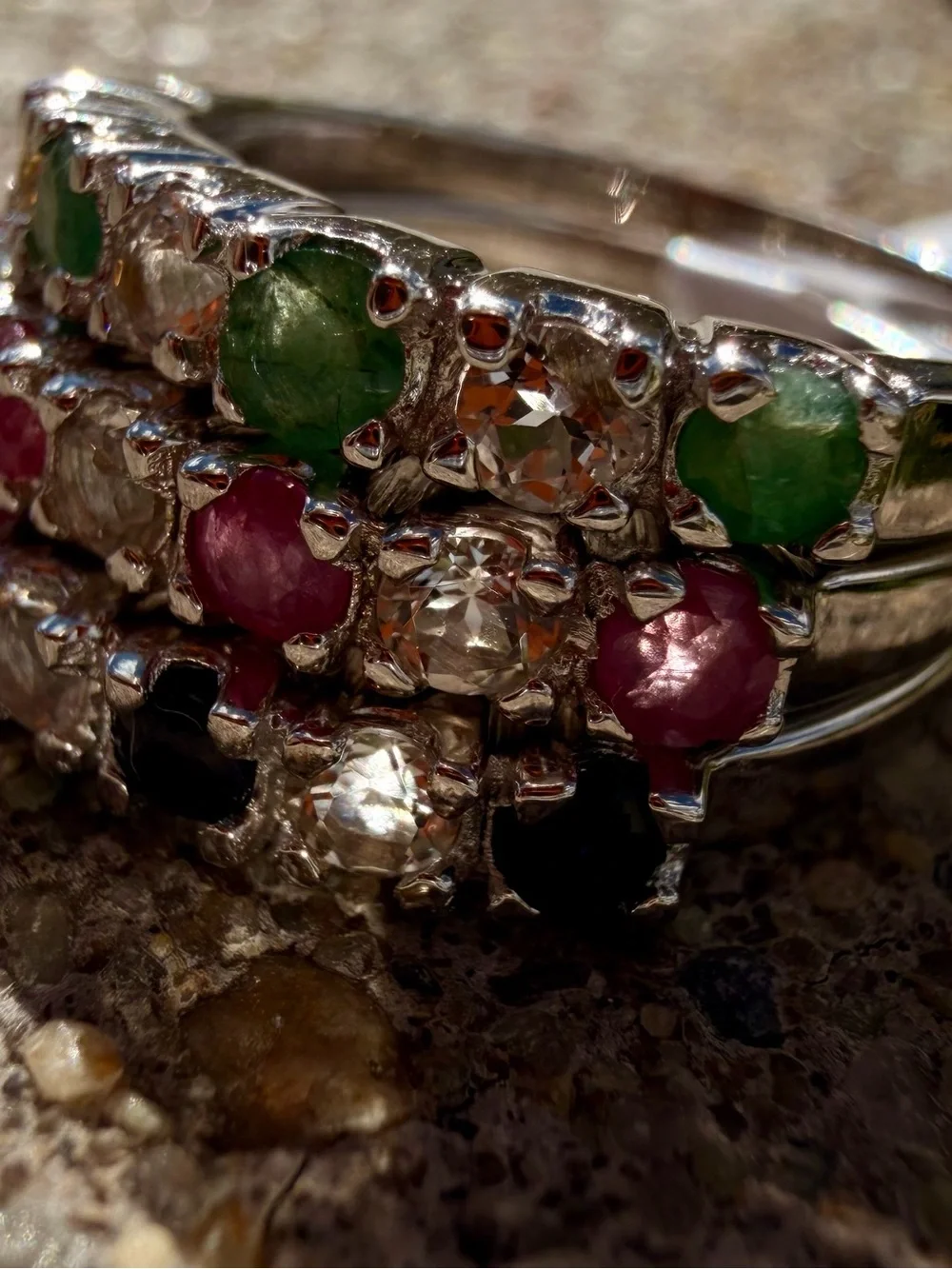 14K White Gold Over 925 Silver Multi Gemstone Ring Sapphire Emerald Ruby & Topaz